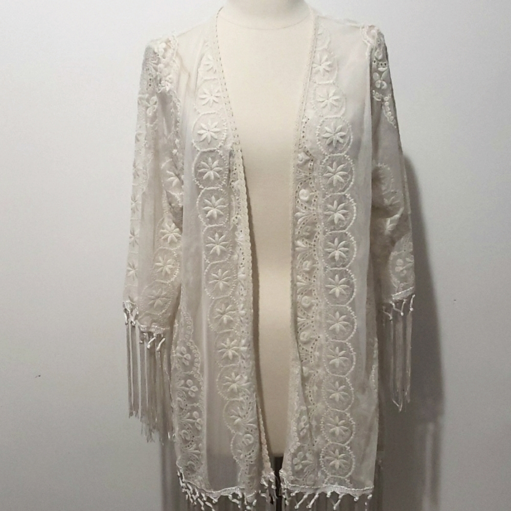 Charlotte Russe Boho Embroidered Fringe Kimono Cover-up Cream Ivory Sheer Size M